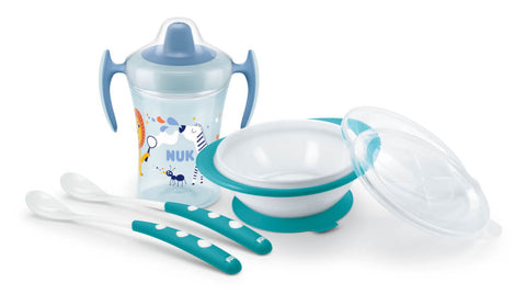 NUK Esslern-Set, Geschenk-Box mit Trainer Cup, EsslernSchale und Fütterlöffel, ab 6 Monaten, BPA frei, blau & türkis