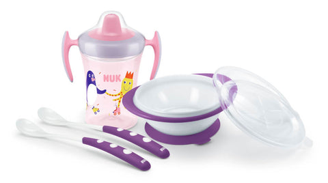 NUK Esslern-Set, Geschenk-Box mit Trainer Cup, EsslernSchale und Fütterlöffel, ab 6 Monaten, BPA frei, rosa & lila