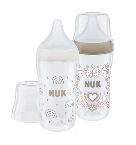 NUK Perfect Match Twin Bottle Set 260ml PP-Babyflaschen, weiß (Regenbogen) + beige (Herz)