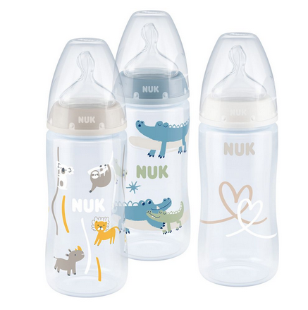 Nuk PP-Flasche 3er Pack First Choice Plus 300 ml + Silikon-Sauger Gr. M - Temperature Control - Blau