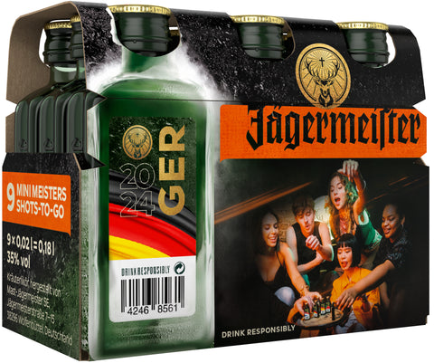 Jägermeister EM-Edition - 9 x 0,02l Mini Meister Shots Premium Kräuterlikör 35% Vol. beklebt mit einem Länder EM-Etikett