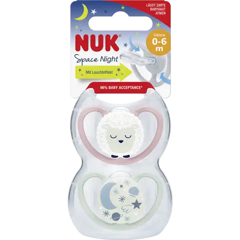 NUK Space Night Silikon-Schnuller, rosa & mint, 0-6 Monate