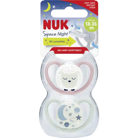 NUK Space Night Silikon-Schnuller, rosa & mint, 18-36 Monate