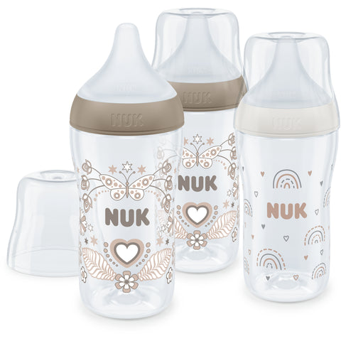 NUK Perfect Match 3er Flaschen Set PP 260ml, weiß (Regenbogen) + beige (Herz)