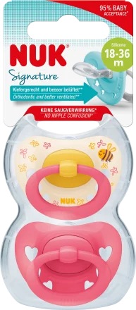 NUK Schnuller Signature Silikon, gelb/pink, ab 18 Monate, 2 St