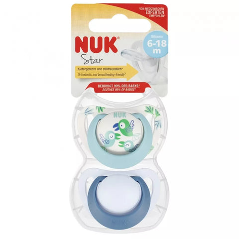 NUK Star Silikon-Schnuller, kiefergerecht, 6-18 Monate, BPA-frei, 2 Stück, grün & blau